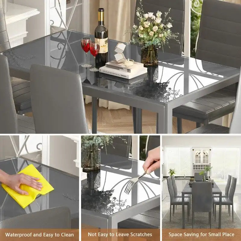 Grondin moderne 7-delige eettafelset met tafelblad van gehard glas en 6 met PU-leer beklede stoelen