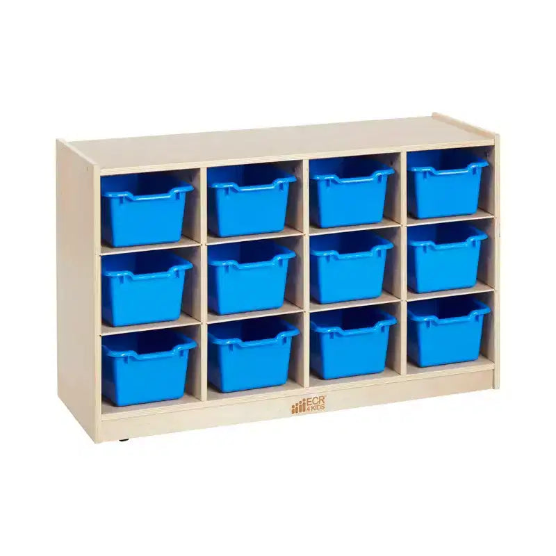 Mobiler Fächerschrank mit Tablettfächern und 15 Behältern mit Schaufelfront, 3x4, Kindermöbel