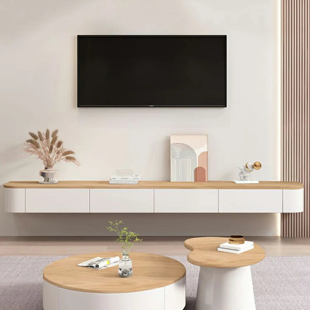 Lange, moderne, witte, zwevende houten tv-kast met laden