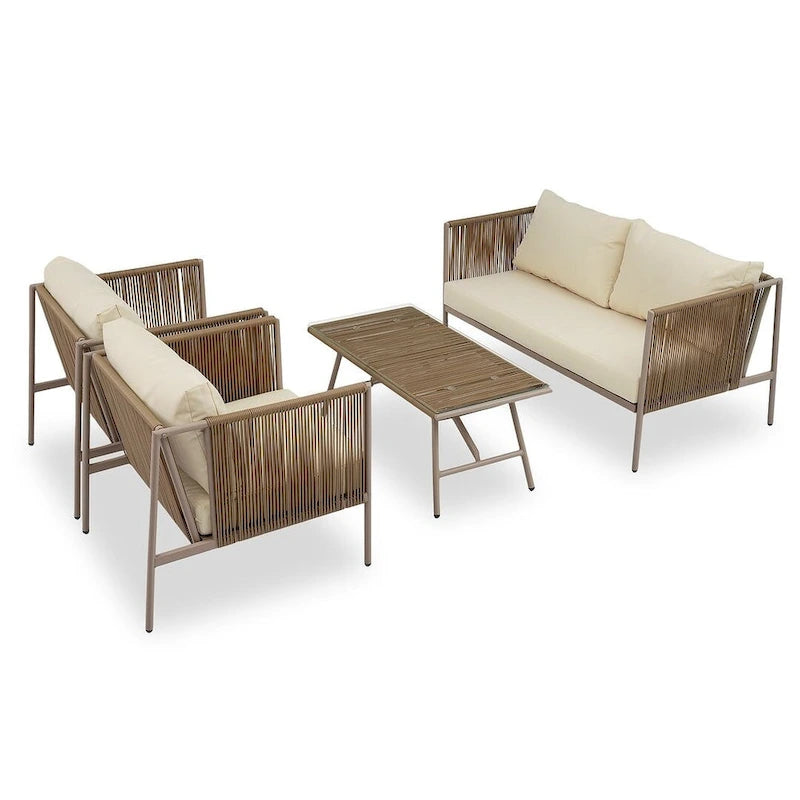Ensemble de patio extérieur en corde, 4 pièces pour 4 personnes, avec coussins et table en verre