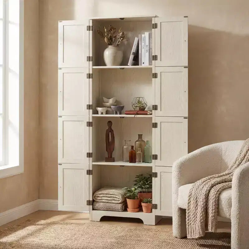 Armoire de rangement haute autoportante blanche de 72.4, avec 8 portes et 4 étagères