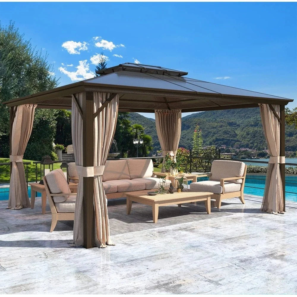 EROMMY hardtop-paviljoen, pergola voor buiten met dubbel dak, netten en gordijnen, extra stevig zonnescherm voor terras, achtertuin en zwembadfeest