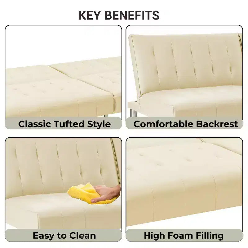Getuftetes Futonsofa mit geteilter Rückenlehne, Schlafsofa mit verchromten Beinen