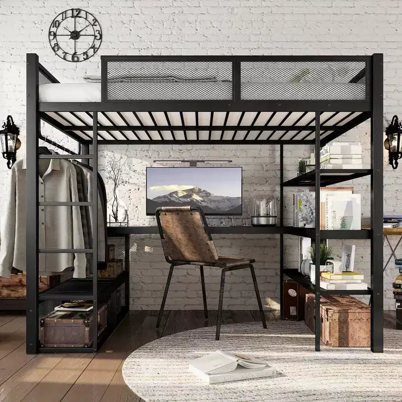 Bellemave metalen hoogslaper in queensize met bureau, opbergplanken en kledingroede, ruimtebesparend hoogslaperframe met veiligheidsrelingen en ladder, geen bedbodem nodig, zwart