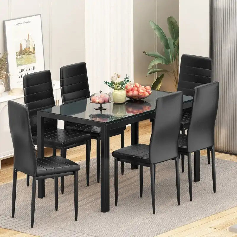 Grondin moderne 7-delige eettafelset met tafelblad van gehard glas en 6 met PU-leer beklede stoelen
