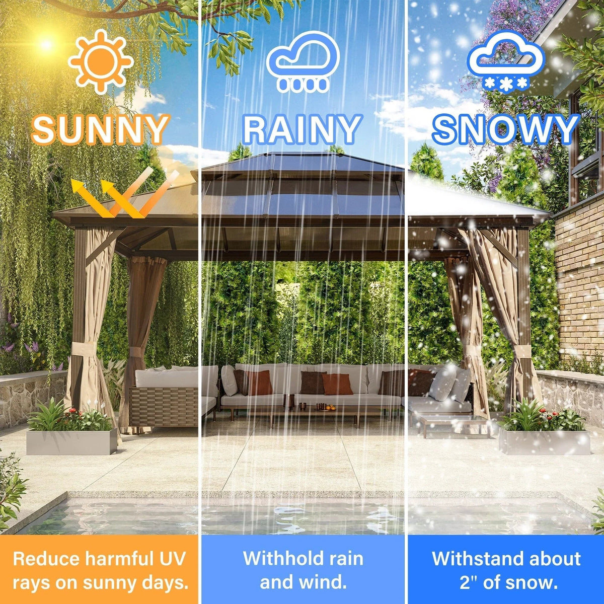 EROMMY hardtop-paviljoen, pergola voor buiten met dubbel dak, netten en gordijnen, extra stevig zonnescherm voor terras, achtertuin en zwembadfeest