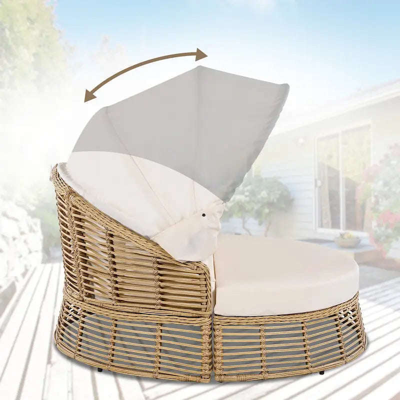 Daybed rotondo da esterno in rattan con tettoia e cuscini rimovibili