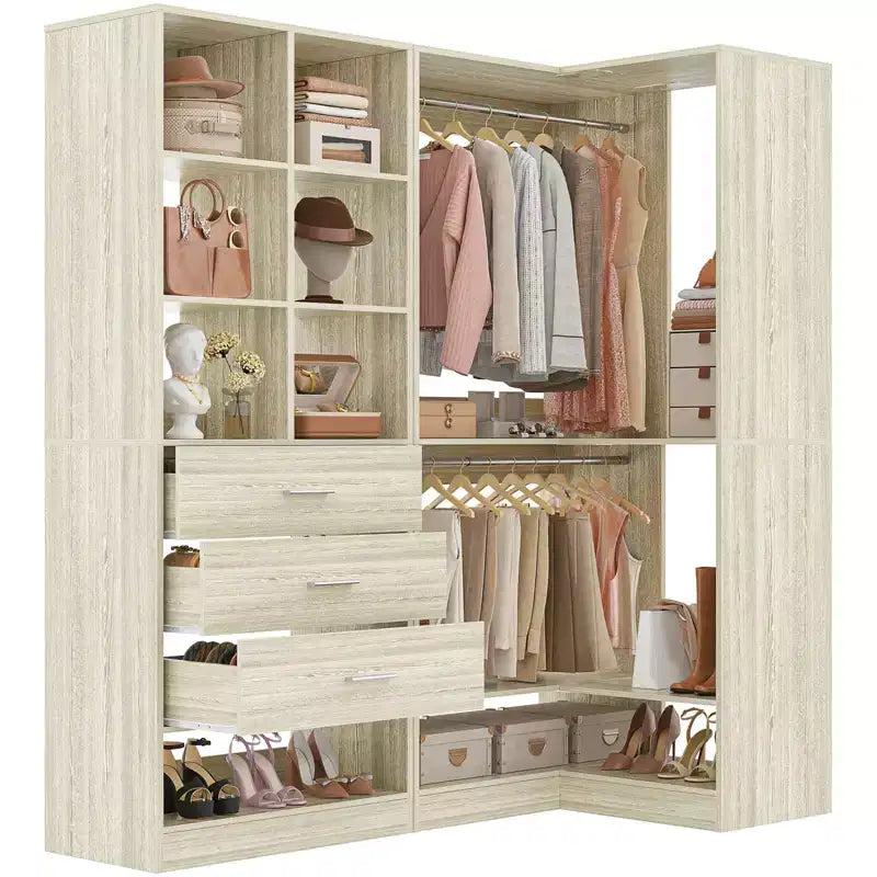 Besiost Set aus 2 freistehenden Kleiderschranksystemen mit 4 Schubladen, begehbarer Kleiderschrank-Organizer mit Kleiderstange