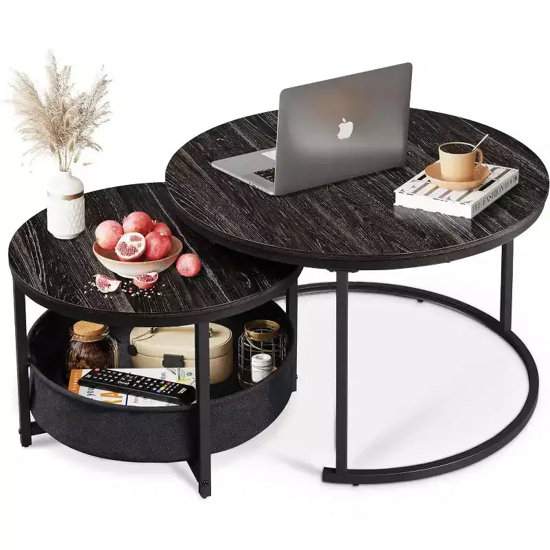 GALAXHERO set van 2 ronde nesttafels - salontafels van 31.5 met opbergruimte en metalen frame voor woonkamer/appartement