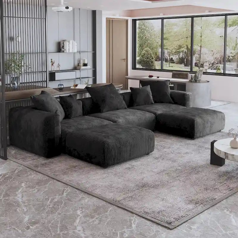 Canapé modulable d’angle de 141.73, canapé en velours côtelé en U avec poufs
