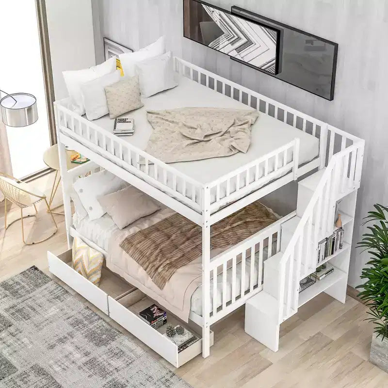 Stapelbed met twee tweepersoonsbedden, twee opberglades en opbergplanken, voor de slaapkamer van kinderen, tieners en volwassenen