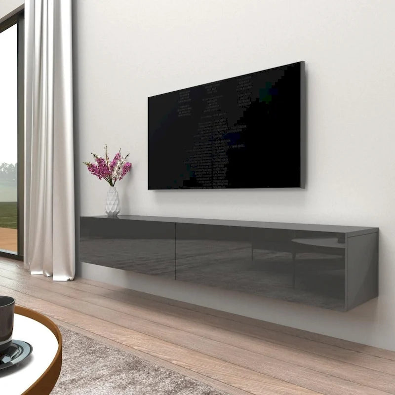 Meuble TV mural flottant Berno moderne et brillant de 71 pouces