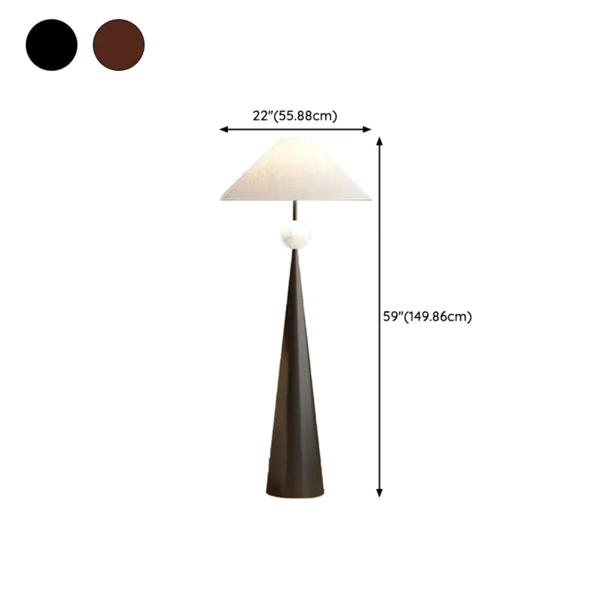 Moderne metalen vloerlamp met taps toelopende voet en stoffen kap