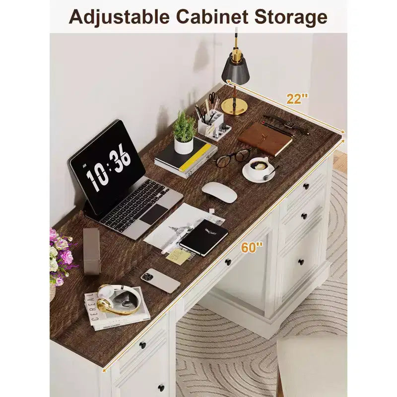 Dyonery 60-Zoll-Schreibtisch im Landhausstil mit Schubladen und Aktenschrank, Schreibtisch aus Holz mit geprägter Struktur fürs Homeoffice, Schwarz/Braun/Weiß und Braun