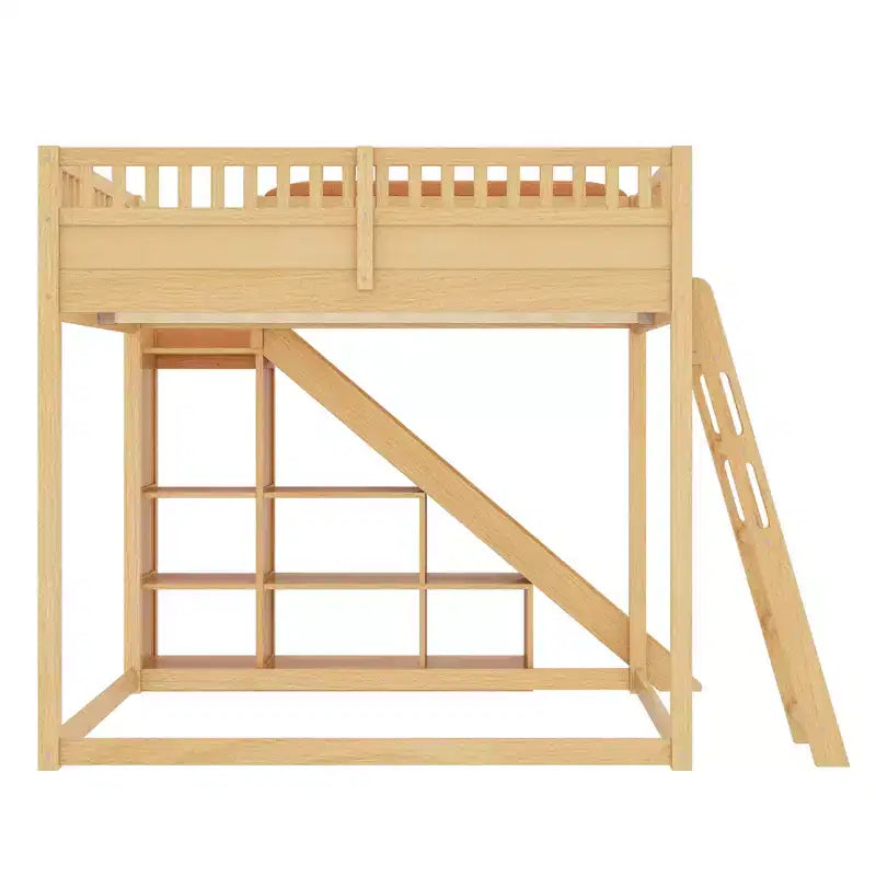Lit mezzanine Bellemave avec tête de lit rembourrée et étagères de rangement, cadre en bois massif avec échelle et toboggan pour enfants
