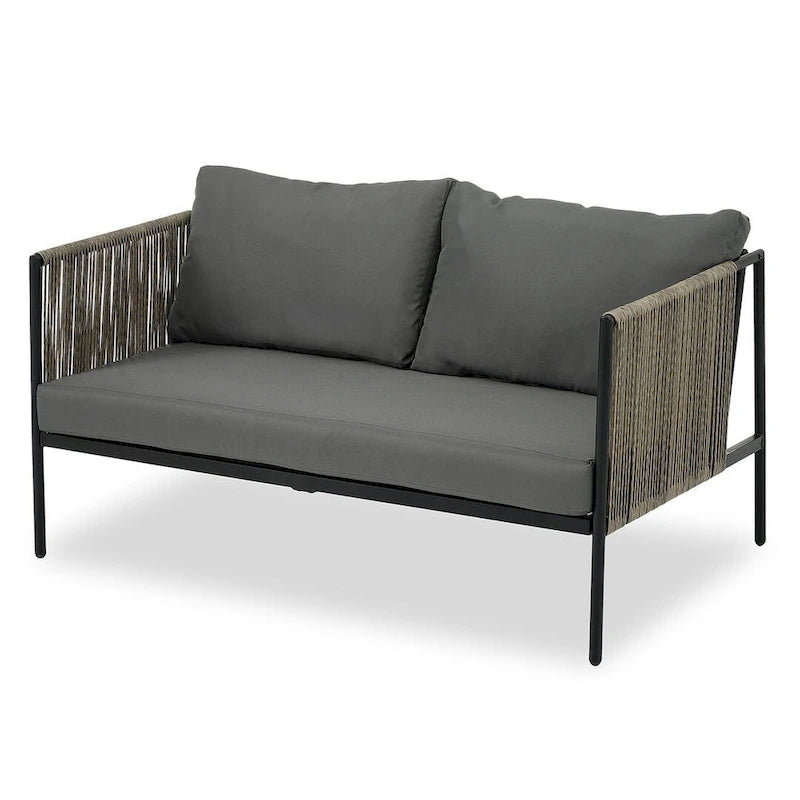 Ensemble de patio extérieur en corde, 4 pièces pour 4 personnes, avec coussins et table en verre