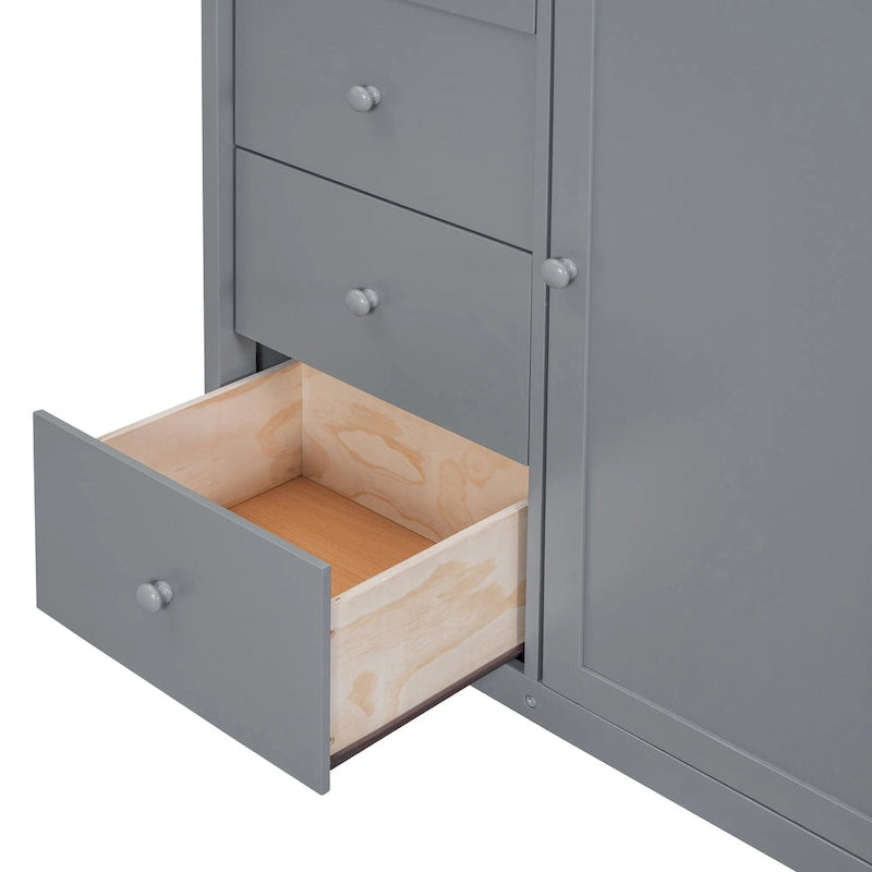 Graues Hochbett aus Massivholz mit Kleiderschränken, Schubladen und Treppe mit Stauraum
