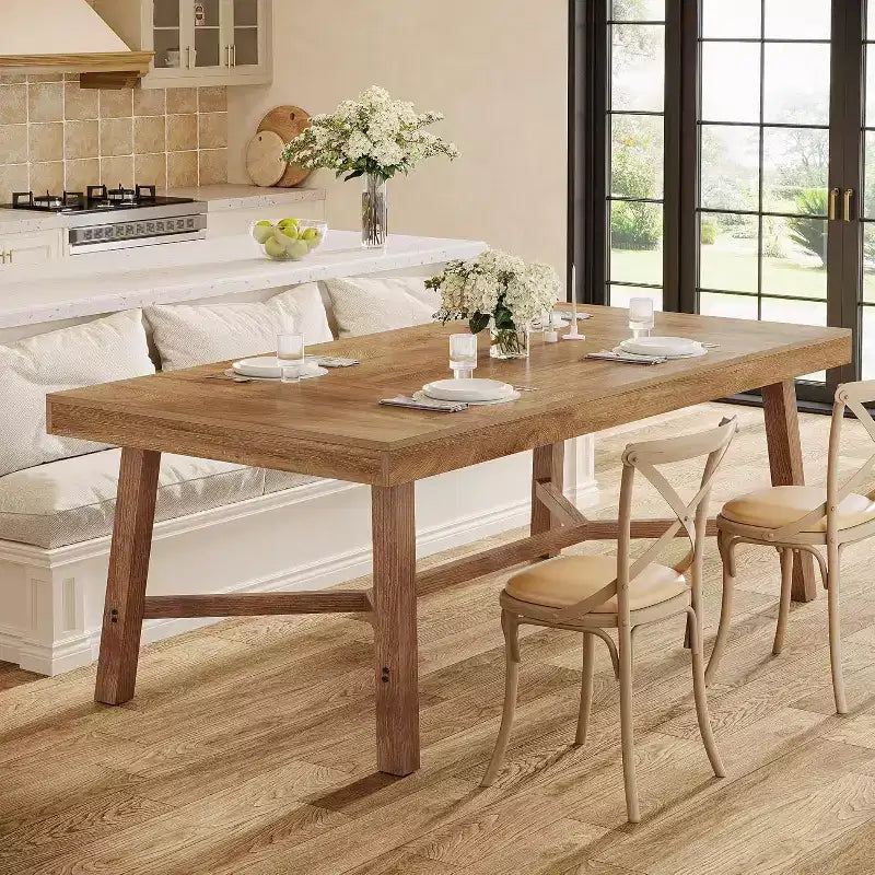 Tavolo da pranzo stile rustico da 70.9 pollici per 6-8 persone, ampio tavolo rettangolare da cucina con gambe rinforzate, naturale
