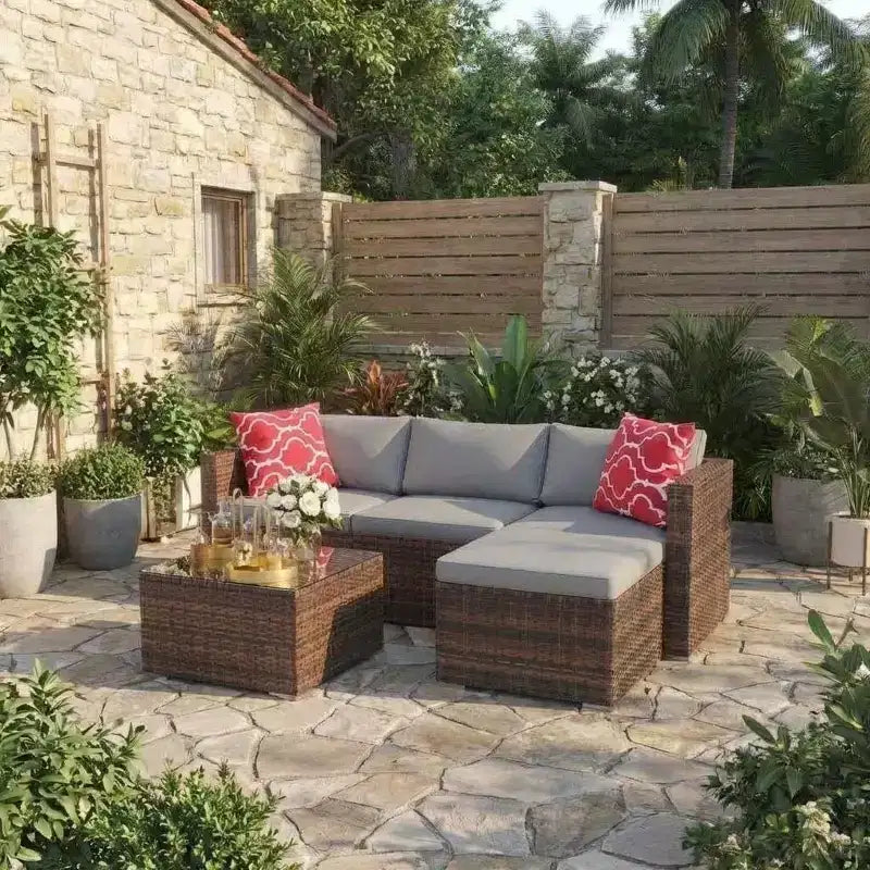 5 Pieces Patio Furniture Set, All-Weather Wicker Sectional Sofa With Anti-Slip Cushions, Rattan Outdoor Patio Furniture Sofa Set With Ottoman