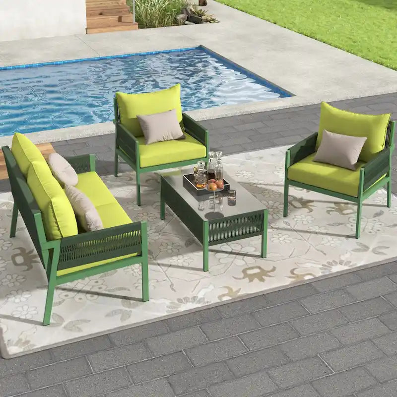 4-teiliges Gartenmöbelset, Sitzgruppe für den Garten mit Tisch aus gehärtetem Glas, tiefer Sitzfläche und dicken Polstern