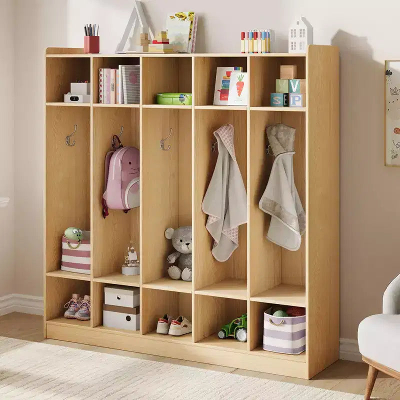 Garderobenschrank für Klassenzimmer mit 5 Fächern und 10 Ablagefächern, Aufbewahrungsorganizer mit 10 Haken für Zuhause, Schule, Kinderkrippe und Kindergarten