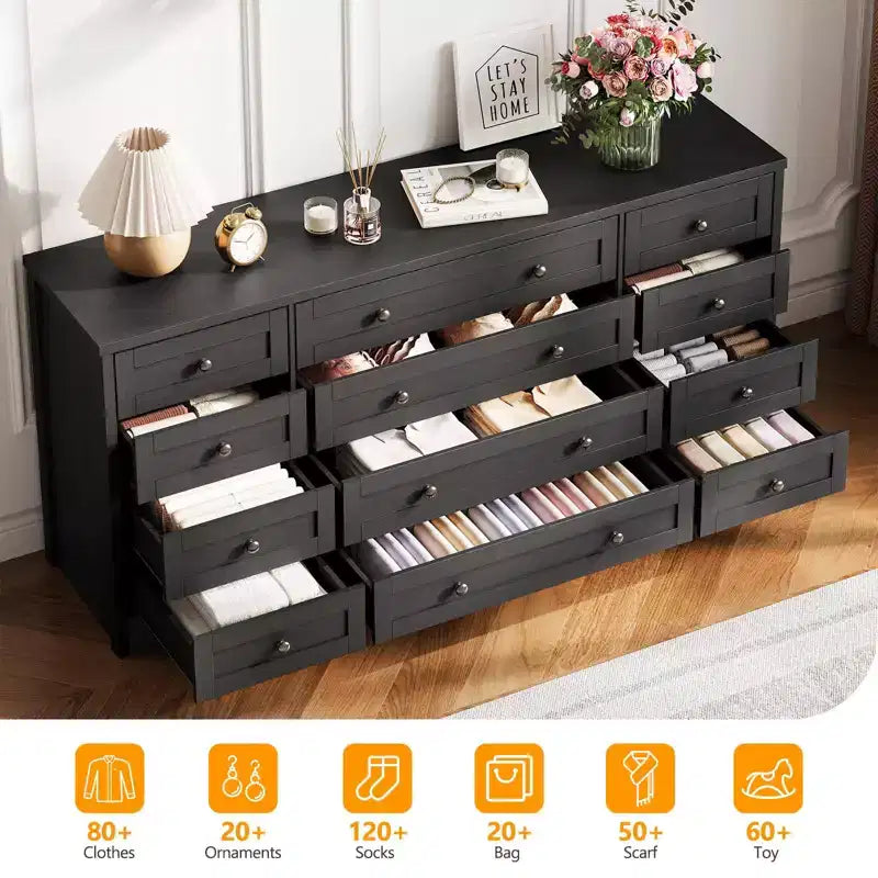 Commode en bois à 12 tiroirs pour chambre, meuble TV moderne et large pour téléviseur de 65 pouces, commode en bois, rangement champêtre pour vêtements dans le salon