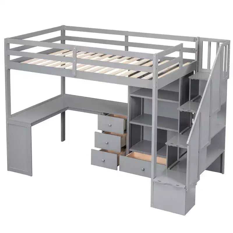 Lit mezzanine simple avec bureau en L, 3 tiroirs, armoire, rangement sous l’escalier, structure en pin massif/MDF