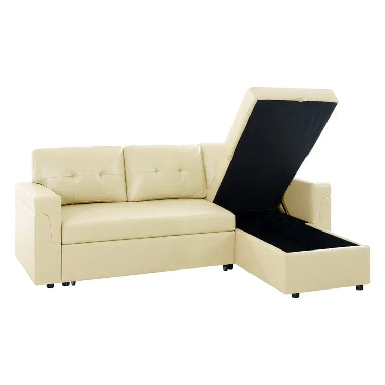 Umbaubares, beidseitig montierbares Ecksofa mit ausziehbarem Schlafbett, verstecktem Stauraum in der Recamiere und robusten Beinen