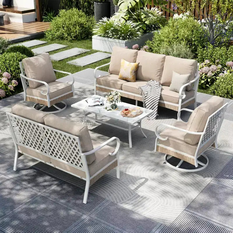 Captiva Designs 5-teiliges extra großes Outdoor-Lounge-Set aus Metall und Rattan mit Drehstühlen mit Gitterlehne und Zweisitzer