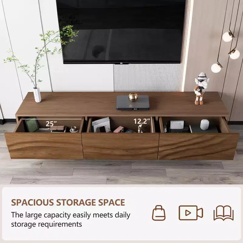 Meuble TV moderne de 82.83 pouces avec tiroirs en bois massif et aérations, meuble multimédia pour le salon