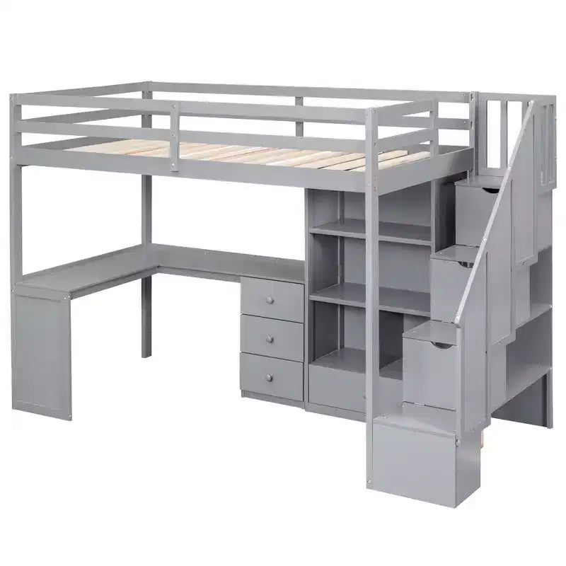 Lit mezzanine simple avec bureau en L, 3 tiroirs, armoire, rangement sous l’escalier, structure en pin massif/MDF