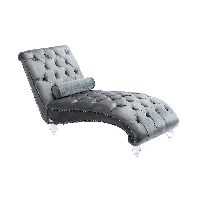 Chaise longue reclinabile imbottita in velluto con bottoni, cuscino e piedini in acrilico