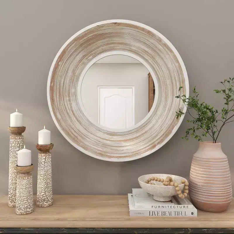 Specchio da parete in legno 35x35 con finitura effetto bianco decapato color crema - Olivia & May: nessun montaggio richiesto, cornice in MDF, per interni