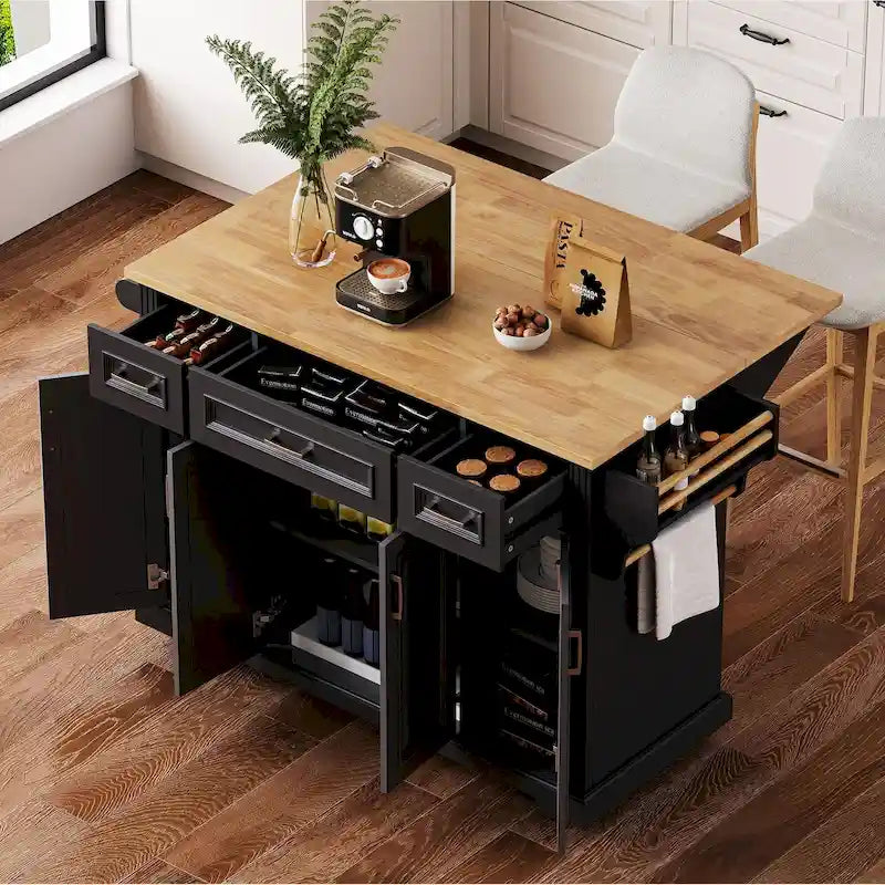 Isola da cucina grande da 54  con piano ribaltabile in legno di caucciù, carrello da cucina con texture in rilievo, 4 ruote, 4 ante e 3 cassetti