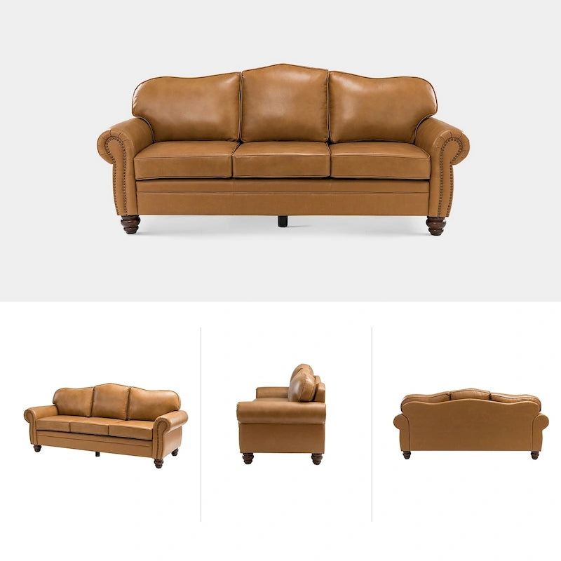Balvino Sofa mit 81 cm Breite, im Übergangsstil, aus echtem Leder, mit gerollten Armlehnen, Nagelkopfbesatz und abnehmbaren Kissen