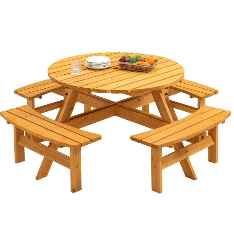 Ensemble de pique-nique rond en bois de sapin pour terrasse extérieure, pour 8 personnes, avec 4 bancs intégrés et un trou pour parasol