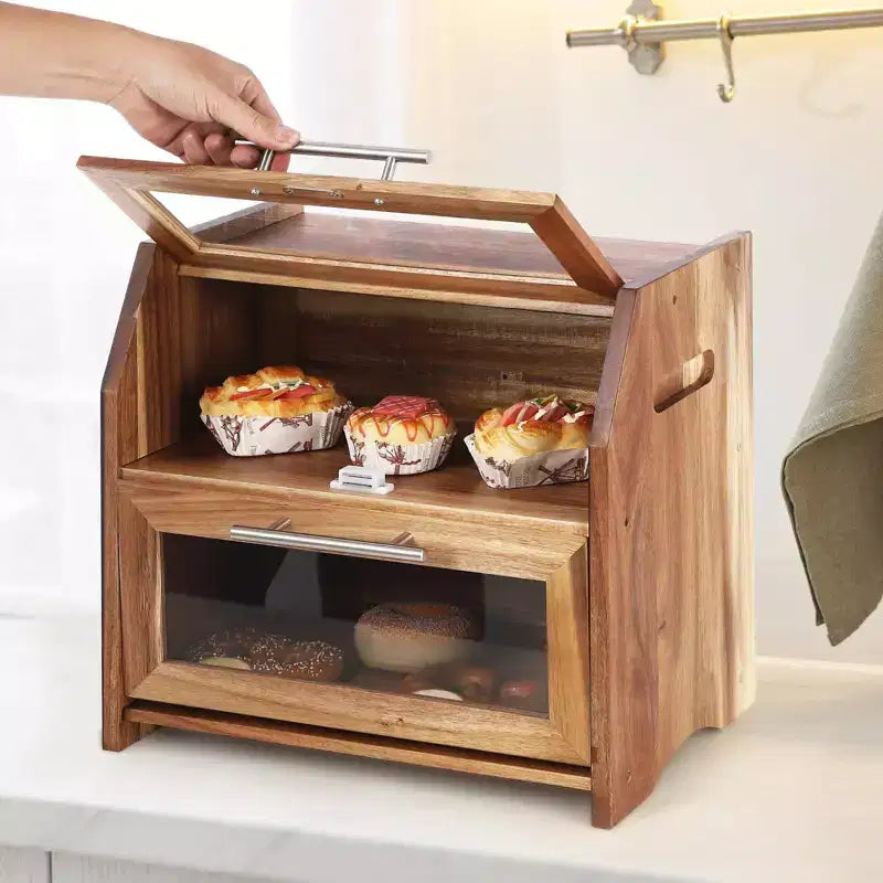 Brotkasten, doppellagiger Brotkasten aus Akazienholz mit transparenter Acryltür, Lüftungsöffnungen, Brotdose für die Arbeitsplatte, rustikal brauner Brotkasten