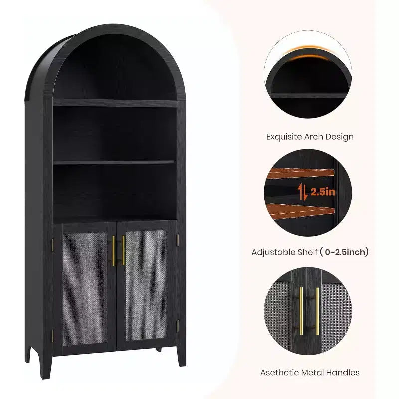 Acekool Vorratsschrank mit Rundbogen und Rattantüren, 5-stufiger Aufbewahrungsschrank im Landhausstil für Küche, Esszimmer und Wohnzimmer