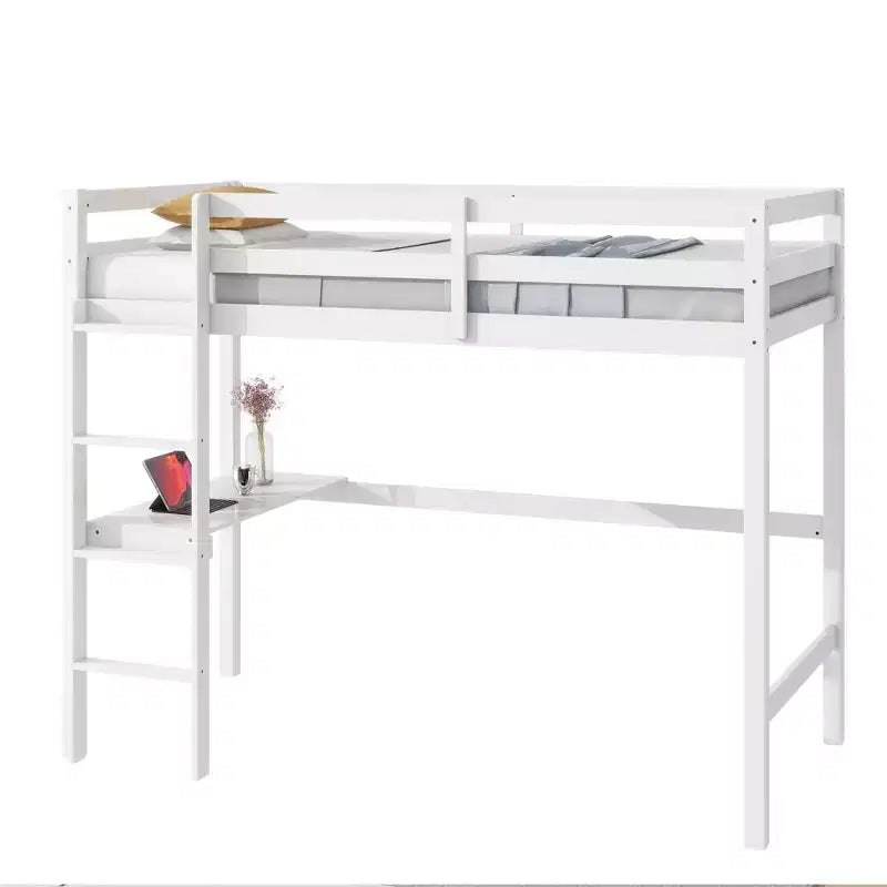 Lit mezzanine minimaliste Okak avec échelle, lit mezzanine pour lit simple en bois d’hévéa avec garde-corps de sécurité et bureau intégré, cadre de lit pour enfants et adolescents