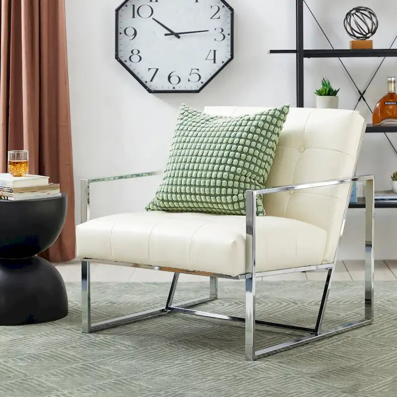 Fauteuil d’appoint Glitzhome crème de style mi-siècle moderne, revêtement en cuir PU capitonné et structure chromée, hauteur de 30.50
