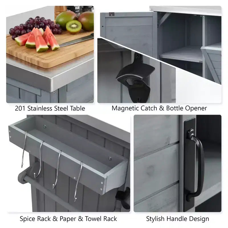 Buiteneiland voor de keuken met inklapbare zijtafel, buitenkeukenwagen met roestvrijstalen blad, verborgen afvalbak voor gazon en tuin