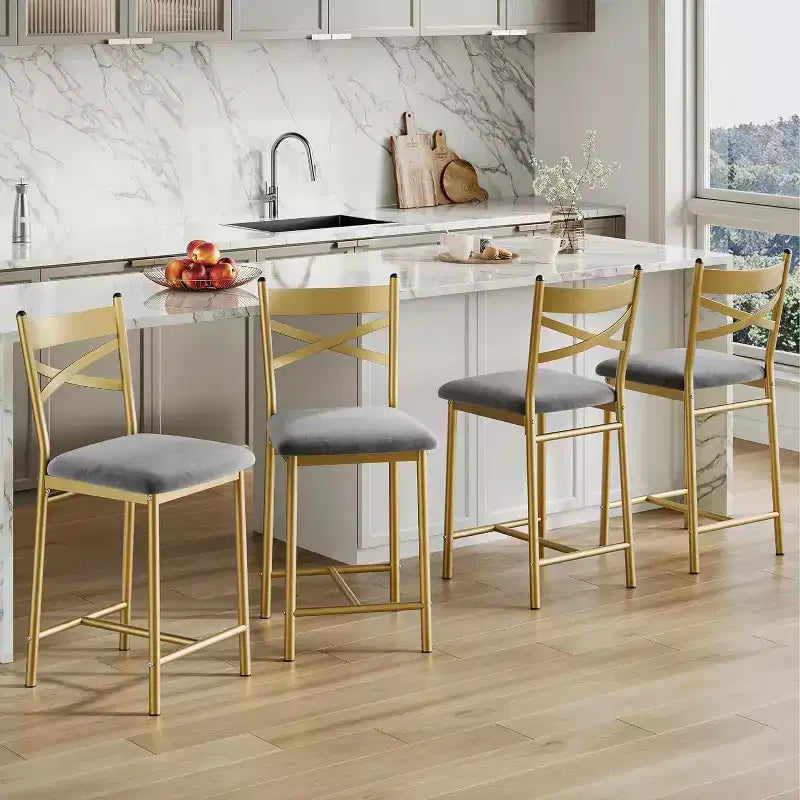 Lot de 4 tabourets de bar, chaises de bar rembourrées en PU, chaises pour îlot de cuisine avec dossier en X et repose-pieds en métal, chaises noires à hauteur de comptoir
