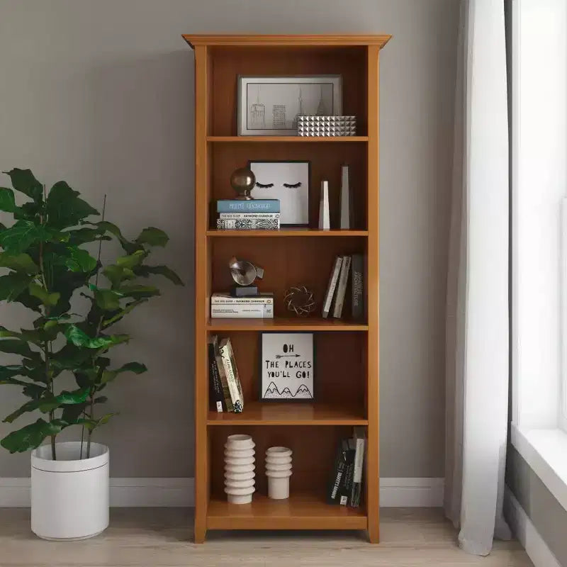 70-Zoll-Bücherregal aus massivem Holz mit fünf Fächern - lackierte Kiefer, 4 verstellbare Einlegeböden