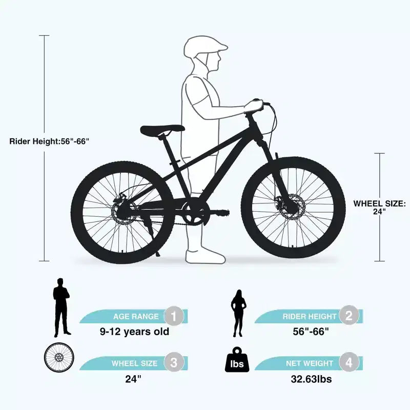 NAYSAYE 24-Zoll-Mountainbike für Kinder mit Federgabel und Stahlrahmen, für Kinder von 9 bis 12 Jahren, Cyan, 63.78*24.8*37.2