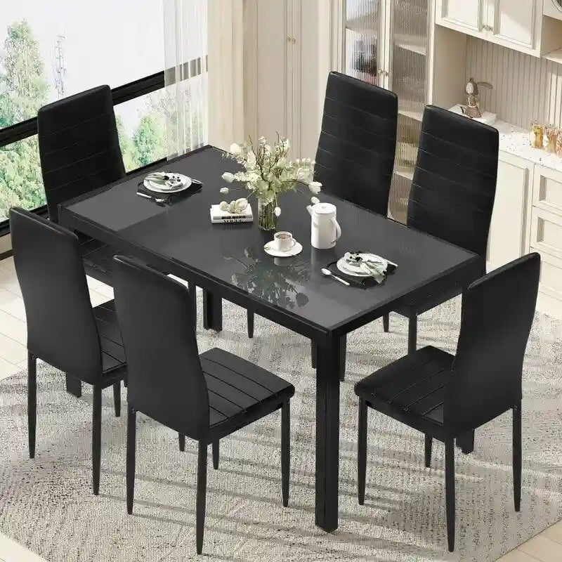 Grondin moderne 7-delige eettafelset met tafelblad van gehard glas en 6 met PU-leer beklede stoelen