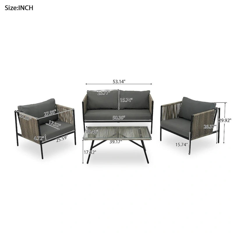 Ensemble de patio extérieur en corde, 4 pièces pour 4 personnes, avec coussins et table en verre