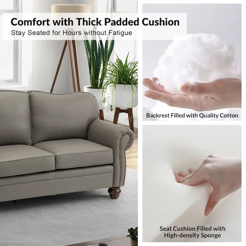 Balvino Sofa mit 81 cm Breite, im Übergangsstil, aus echtem Leder, mit gerollten Armlehnen, Nagelkopfbesatz und abnehmbaren Kissen