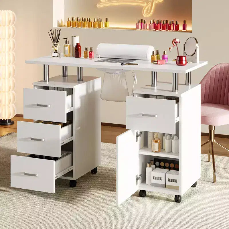 Table de manucure avec aspirateur à poussière, roulettes verrouillables, coussin pour poignet et rangements, pour la maison, les prothésistes ongulaires et les salons de beauté