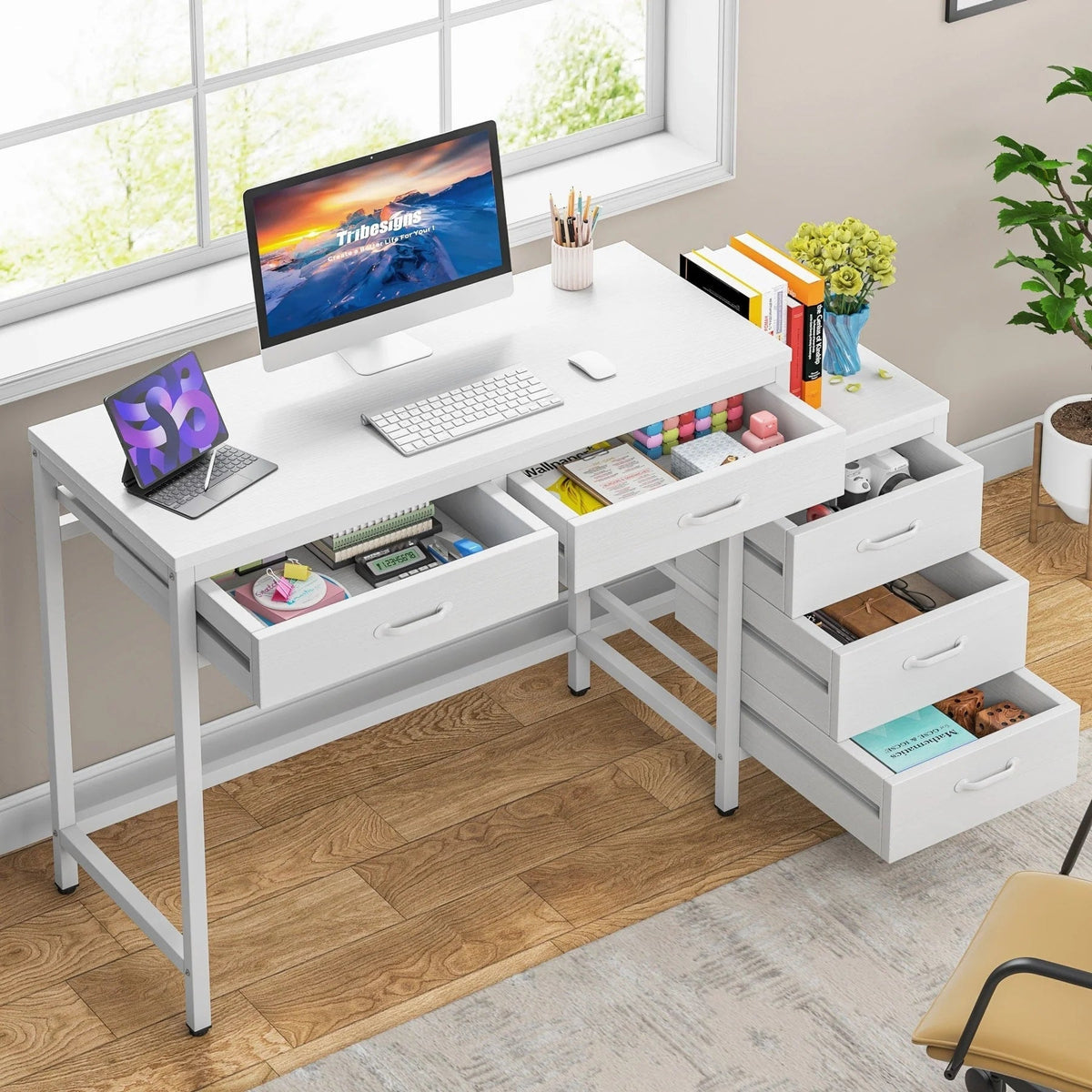 Wendbarer Computerschreibtisch mit 5 Schubladen, Schreibtisch fürs Homeoffice mit Aktenschublade und Druckerständer