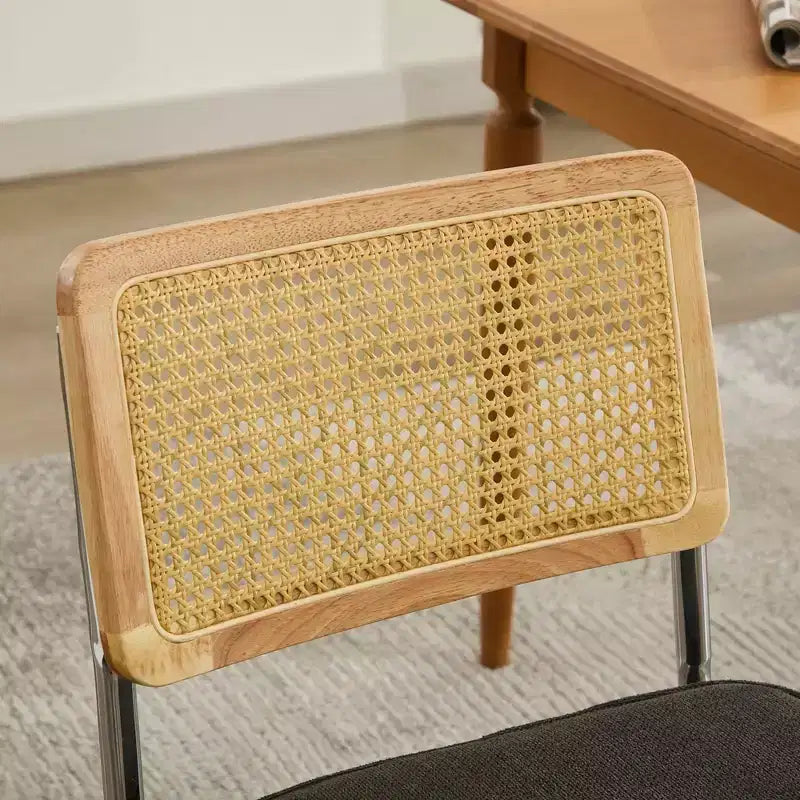 Lot de 2 chaises de salle à manger modernes avec assise en lin, dossier en rotin et piètement chromé